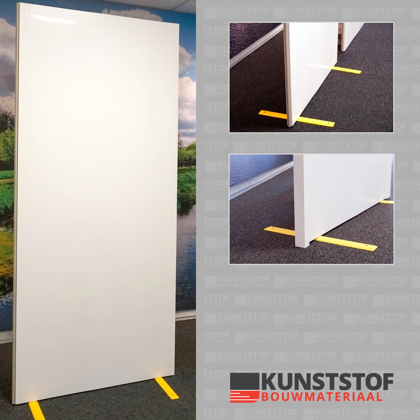 Modulaire kunststof kantoor wanden. Deze vrijstaande kunststof scheidingswand op deze afbeelding met voet opgebouwd uit kunststof scherm. De schermen van kunststof kunnen flexibel voor vele doelen worden ingezet zoals o.a. looproutes, werkplekken en wacht