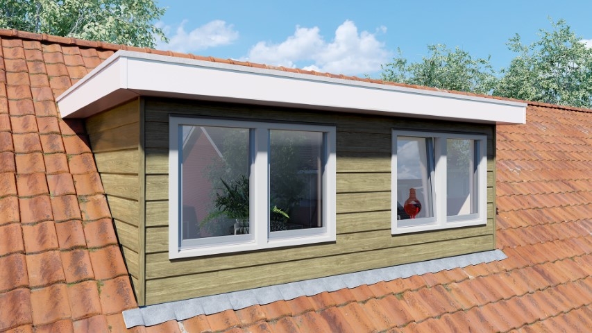 Een dakkapel in de kleur taupe eiken keralit potdeksel horizontaal gemonteerd