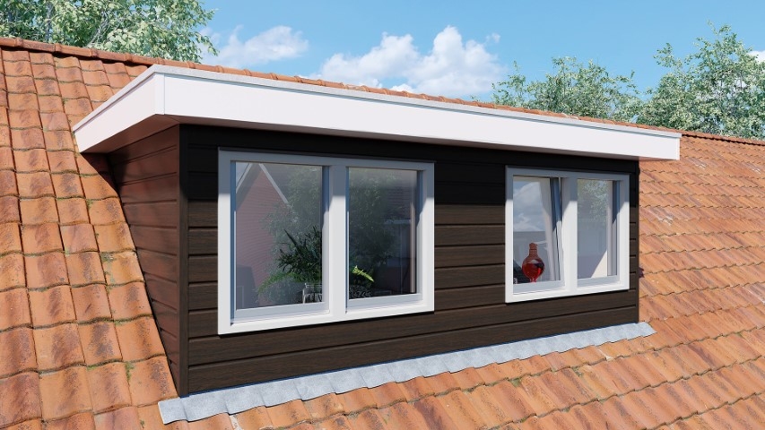 Een dakkapel in de kleur donker eiken sponningdeel 143 horizontaal gemonteerd