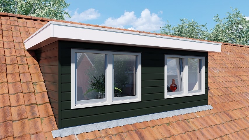 Een dakkapel in de kleur donkergroen sponningdeel 143 horizontaal gemonteerd