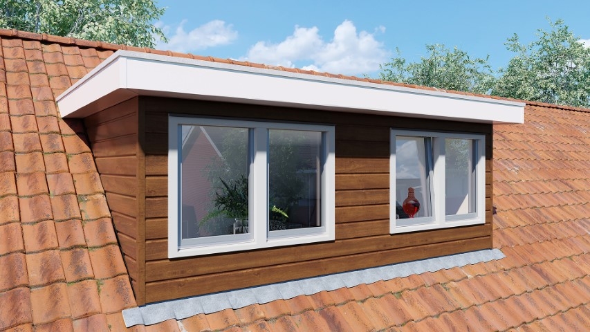 Een dakkapel in de kleur golden oak sponningdeel 143 horizontaal gemonteerd