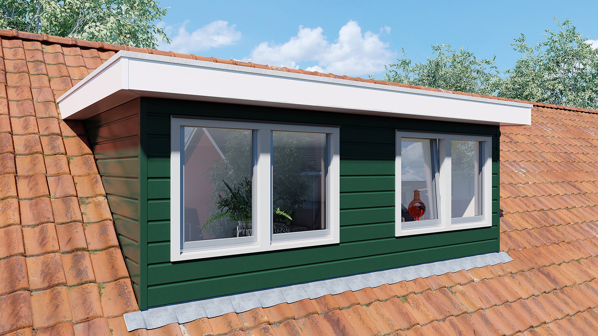 Een dakkapel in de kleur mosgroen sponningdeel143 horizontaal gemonteerd