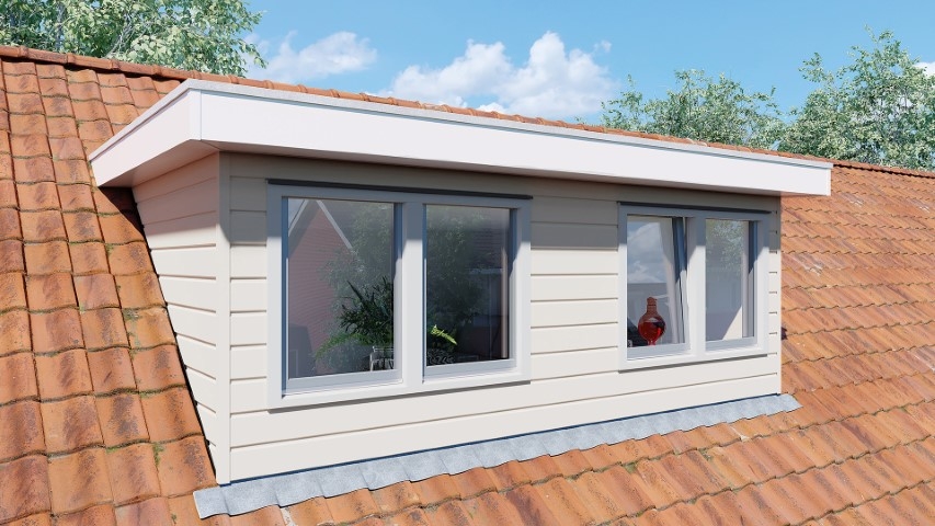 Een dakkapel in de kleur sandcream sponningdeel 143 horizontaal gemonteerd