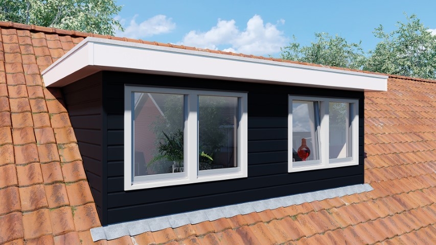 Een dakkapel in de kleur skyblue sponningdeel 143 horizontaal gemonteerd