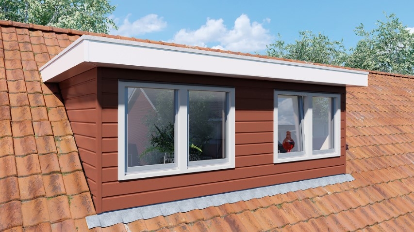 Een dakkapel in de kleur steenrood sponningdeel 143 horizontaal gemonteerd