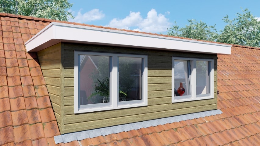 Een dakkapel in de kleur taupe eiken sponningdeel 143 horizontaal gemonteerd