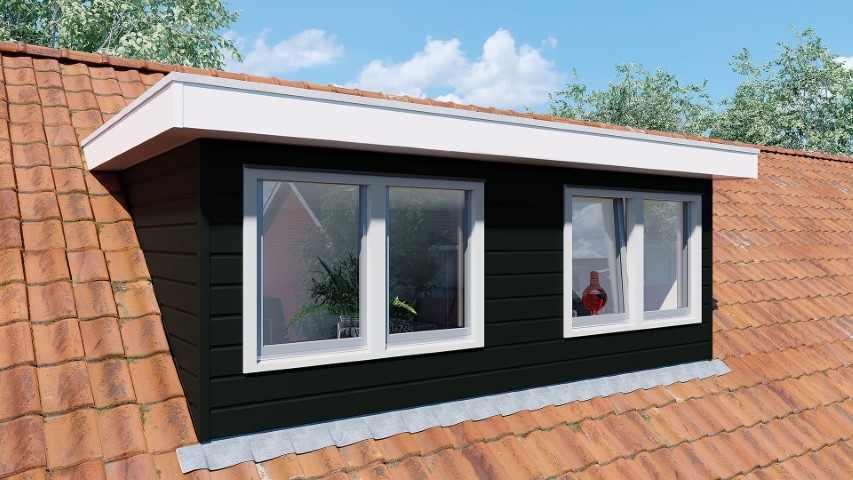 Een dakkapel in de kleur timbergreen sponningdeel 143 horizontaal gemonteerd