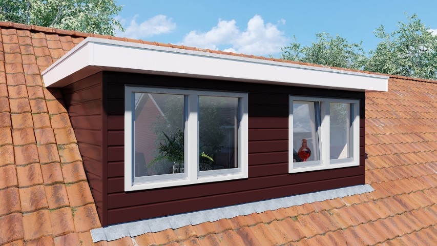 Een dakkapel in de kleur wijnrood sponningdeel 143 horizontaal gemonteerd