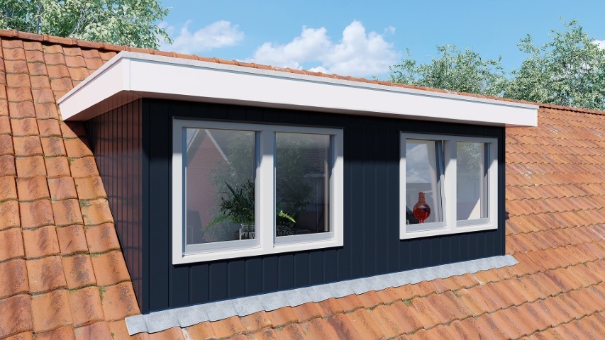 Een dakkapel in de kleur staalblauw sponningdeel 143 verticaal gemonteerd