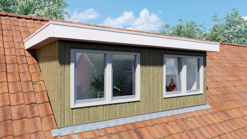 Een dakkapel in de kleur taupe eiken sponningdeel 143 verticaal gemonteerd