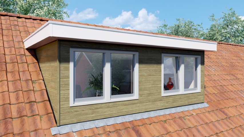 Een dakkapel in de kleur taupe eiken keralit sponningdeel 190 horizontaal gemonteerd