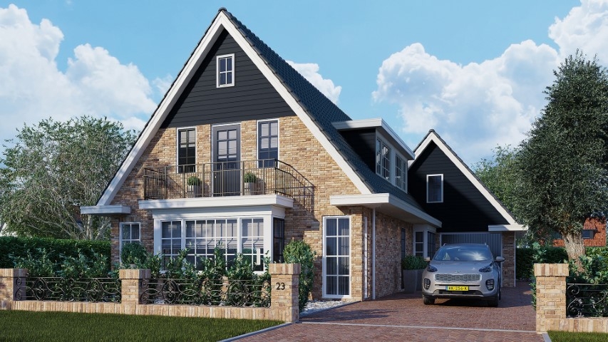 Een gevel in de kleur skyblue sponningdeel 143 verticaal gemonteerd