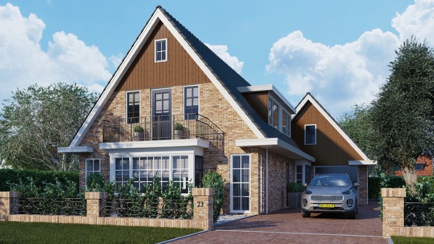 Een gevel in de kleur golden oak sponningdeel 143 horizontaal gemonteerd