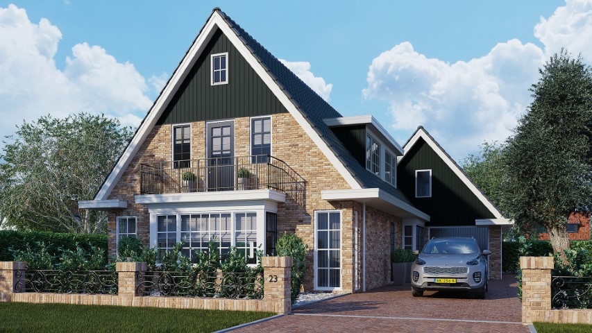 Een gevel in de kleur timbergreen sponningdeel 143 horizontaal gemonteerd