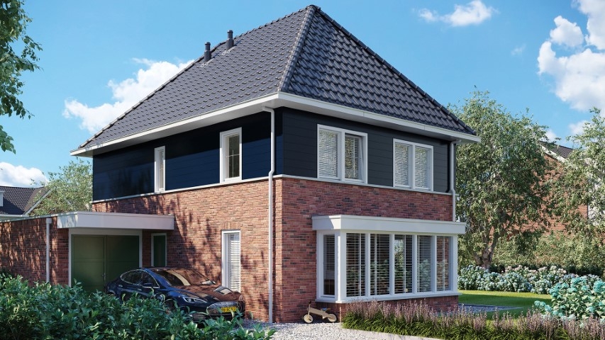 Een huis in de kleur staalblauw keralit sponningdeel 190 horizontaal gemonteerd