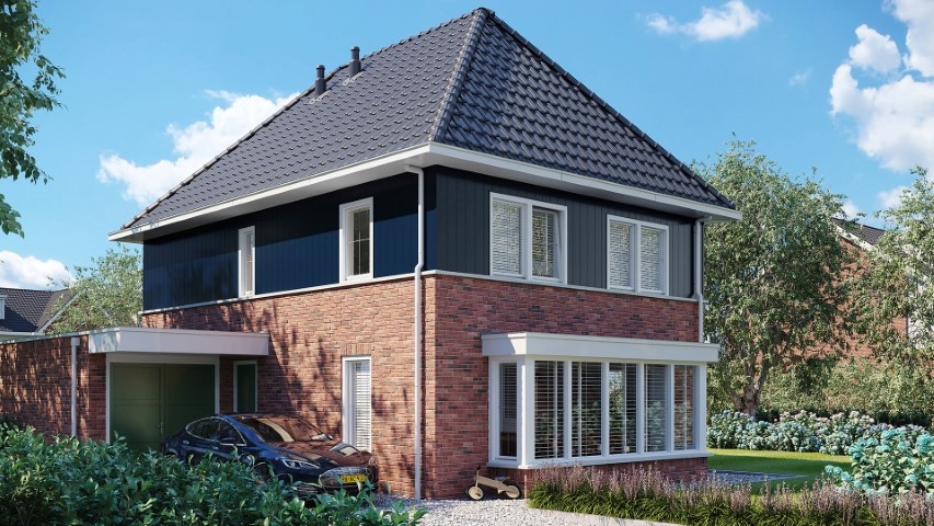 Een huis in de kleur staalblauw keralit sponningdeel 190 verticaal gemonteerd