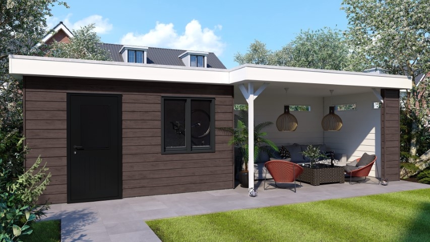 Een overkapping in de kleur bruin eiken keralit potdeksel 177 horizontaal gemonteerd