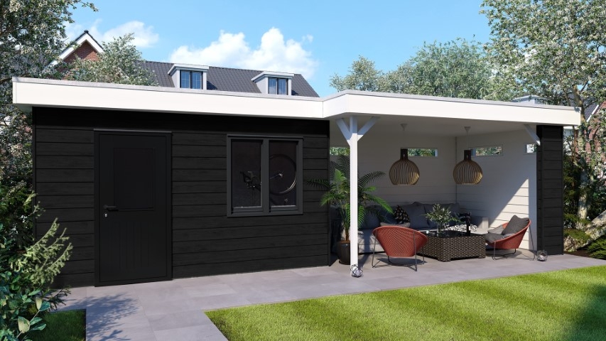 Een overkapping in de kleur zwart eiken keralit potdeksel 177 horizontaal gemonteerd