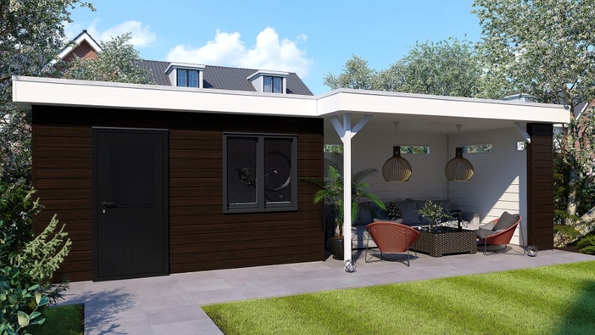Een overkapping in de kleur donker eiken sponningdeel 143 horizontaal gemonteerd