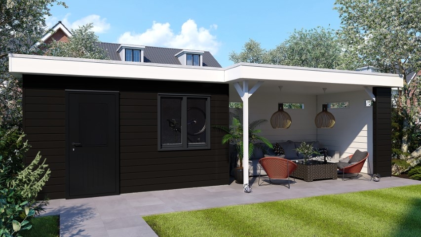 Een overkapping in de kleur donkerbruin sponningdeel 143 horizontaal gemonteerd