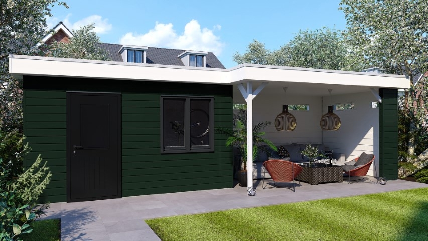 Een overkapping in de kleur donkergroen sponningdeel 143 horizontaal gemonteerd