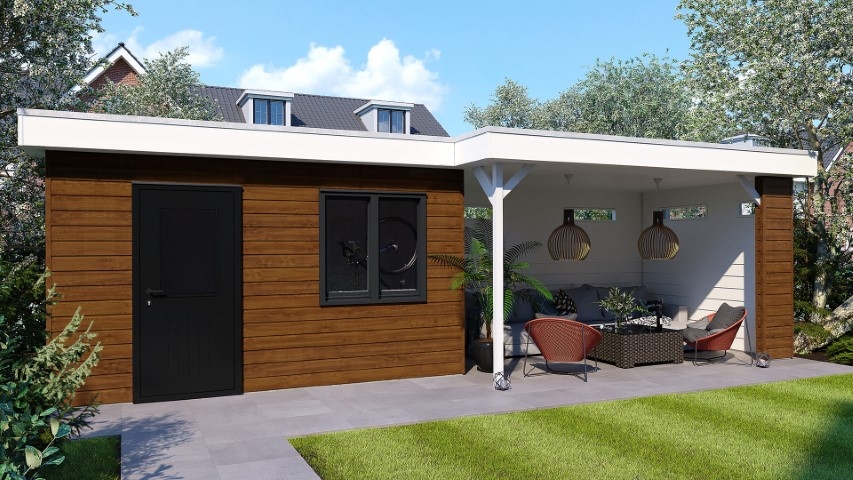Een overkapping in de kleur golden oak sponningdeel 143 horizontaal gemonteerd