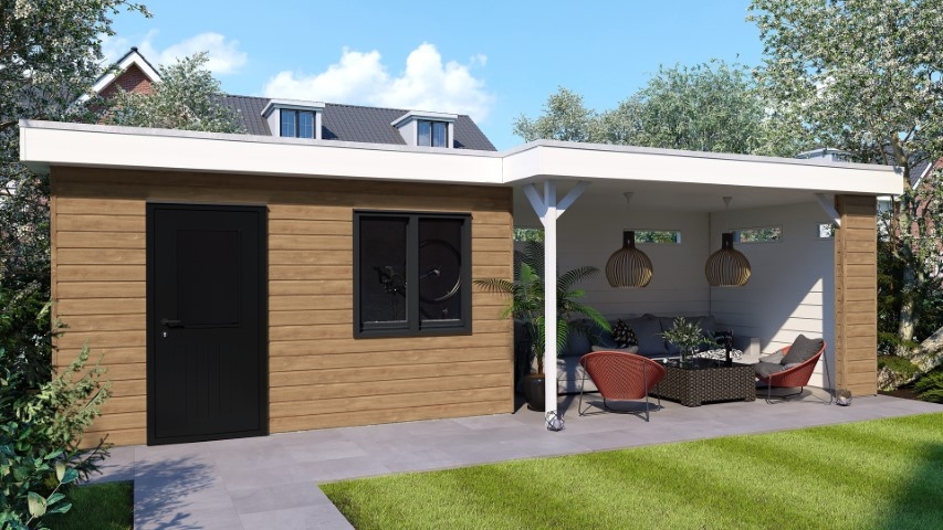 Een overkapping in de kleur natuur eiken sponningdeel 143 horizontaal gemonteerd
