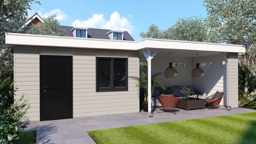 Een overkapping in de kleur sandcream sponningdeel 143 horizontaal gemonteerd