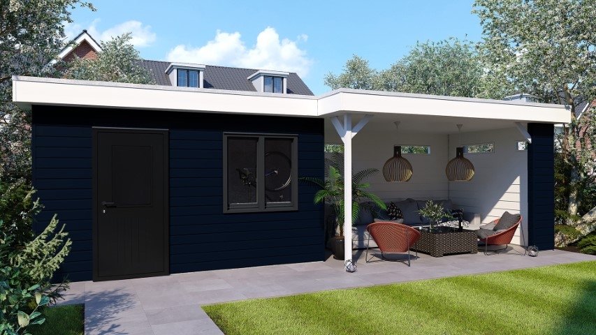 Een overkapping in de kleur skyblue sponningdeel 143 horizontaal gemonteerd