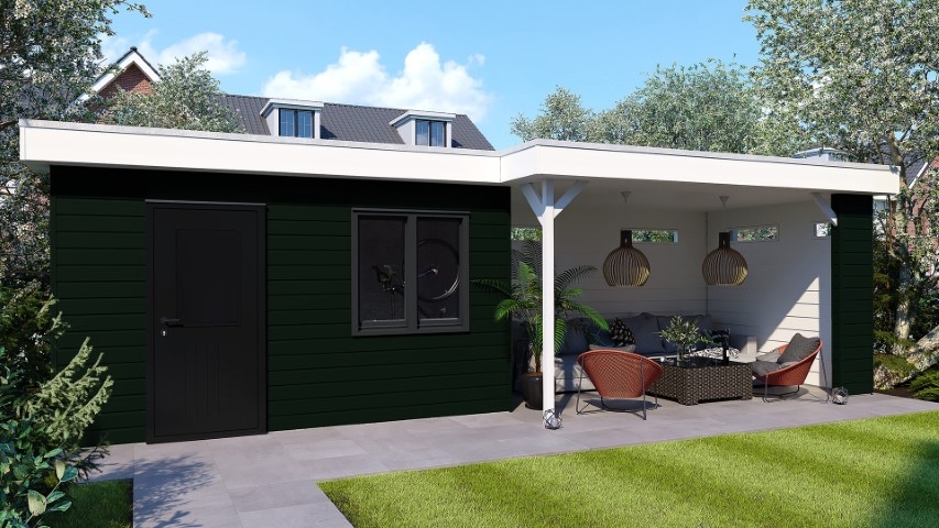 Een overkapping in de kleur timbergreen sponningdeel 143 horizontaal gemonteerd