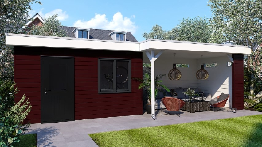 Een overkapping in de kleur wijnrood sponningdeel 143 horizontaal gemonteerd