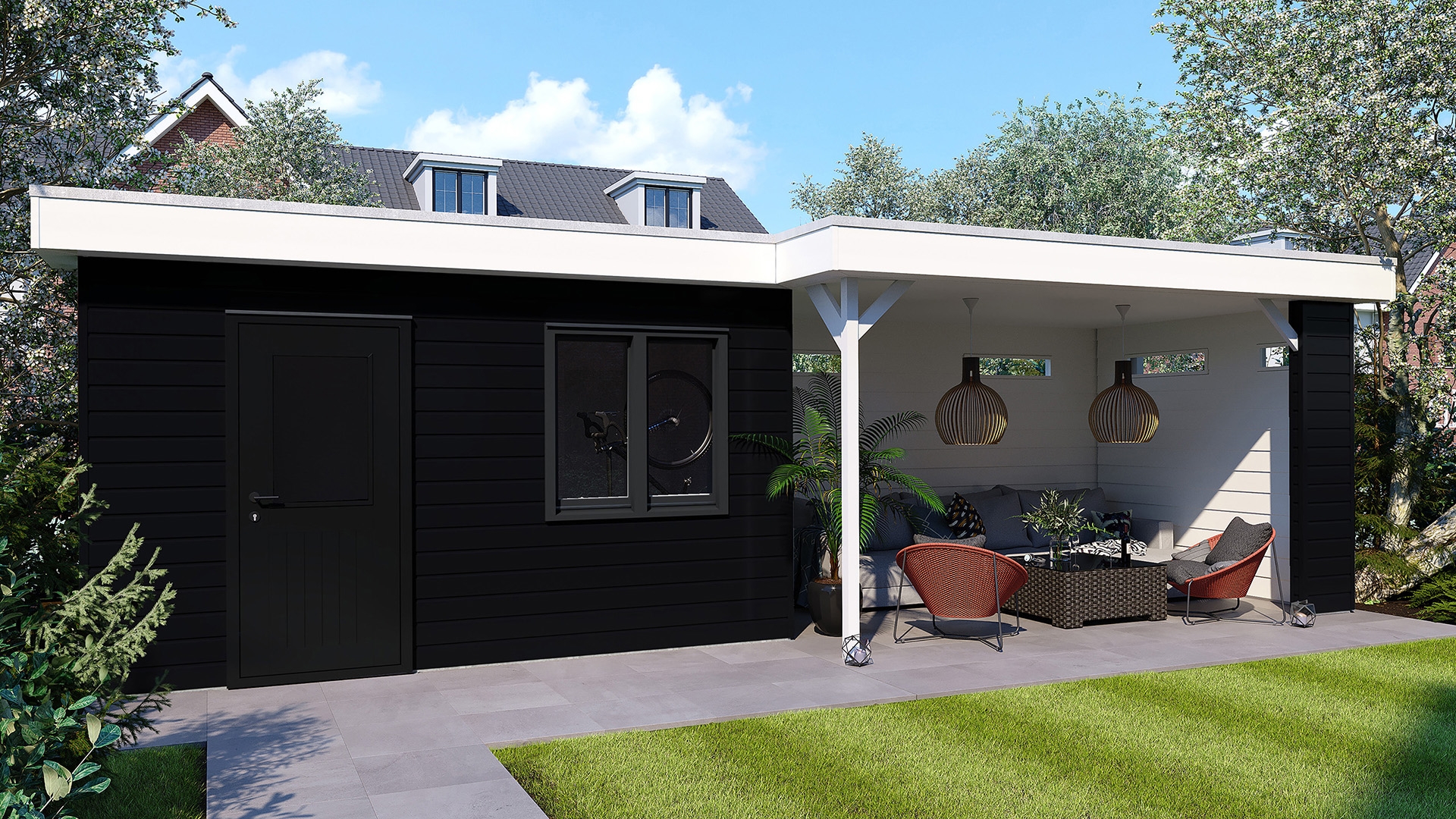 Een overkapping in de kleur zwart sponningdeel 143 horizontaal gemonteerd