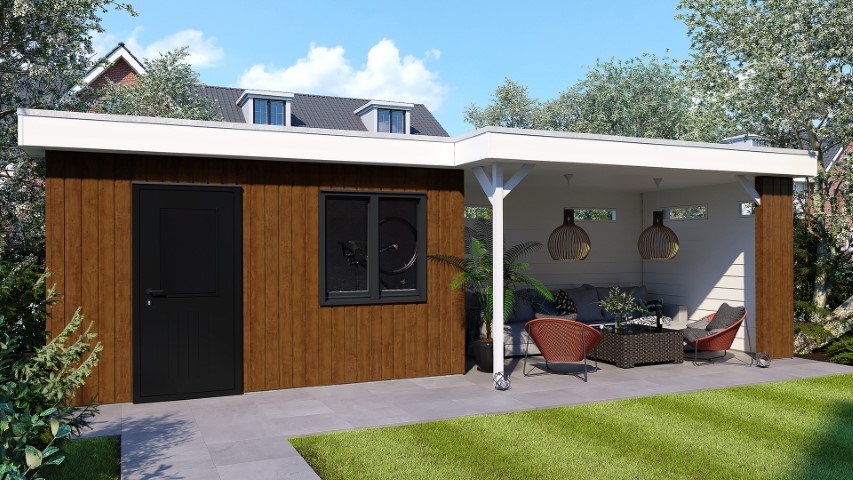 Een overkapping in de kleur golden oak sponningdeel 143 verticaal gemonteerd