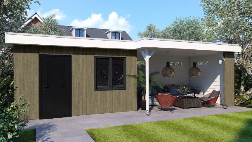 Een overkapping in de kleur taupe eiken sponningdeel 143 verticaal gemonteerd