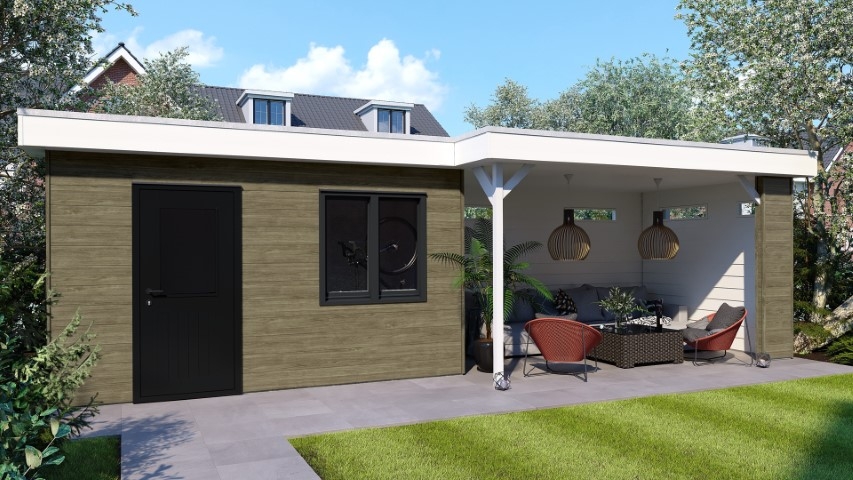 Een overkapping in de kleur taupe eiken keralit sponningdeel 190 horizontaal gemonteerd