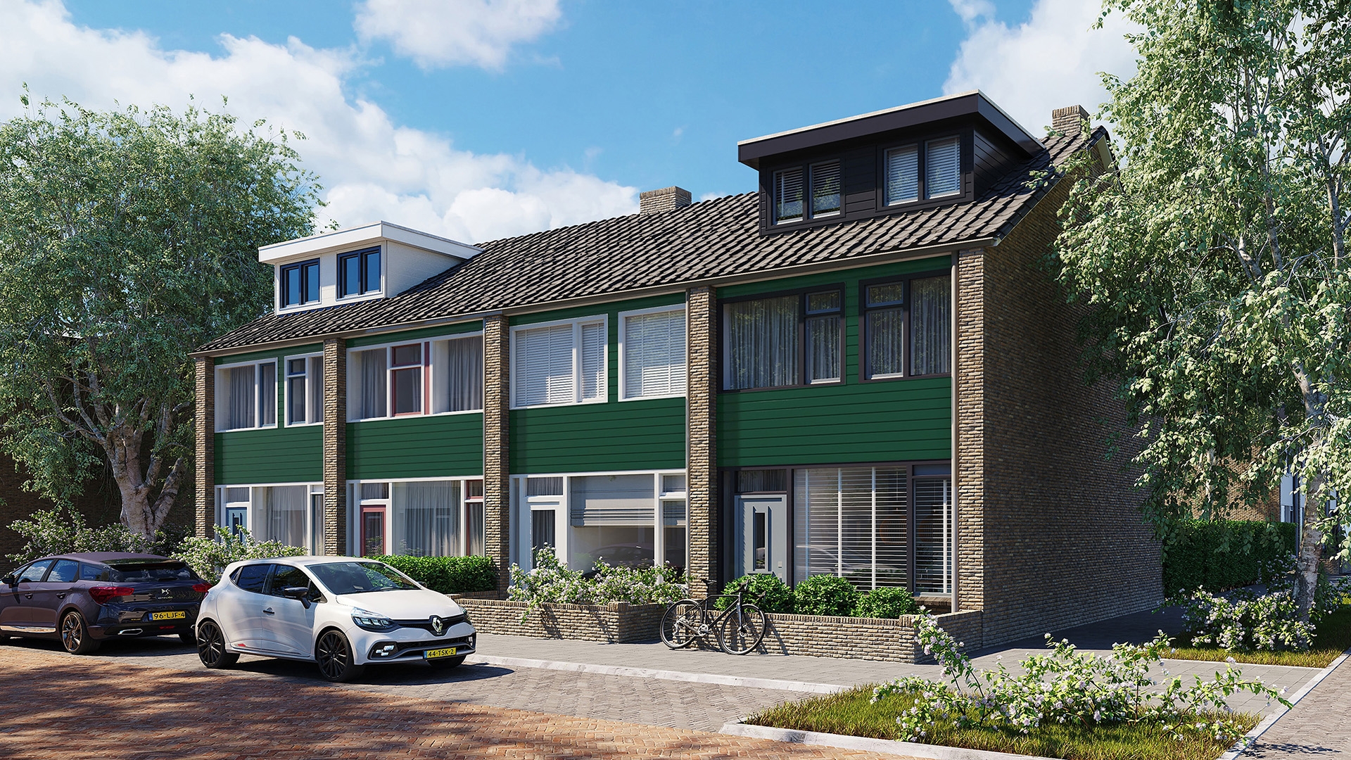 Rijtjeshuizen in de kleur mosgroen sponningdeel143 horizontaal gemonteerd