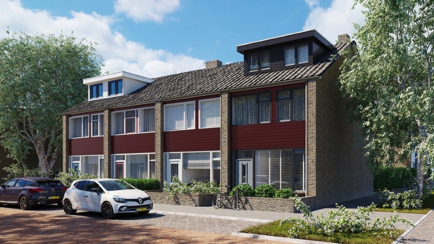 Rijtjeshuizen in de kleur wijnrood sponningdeel 143 horizontaal gemonteerd
