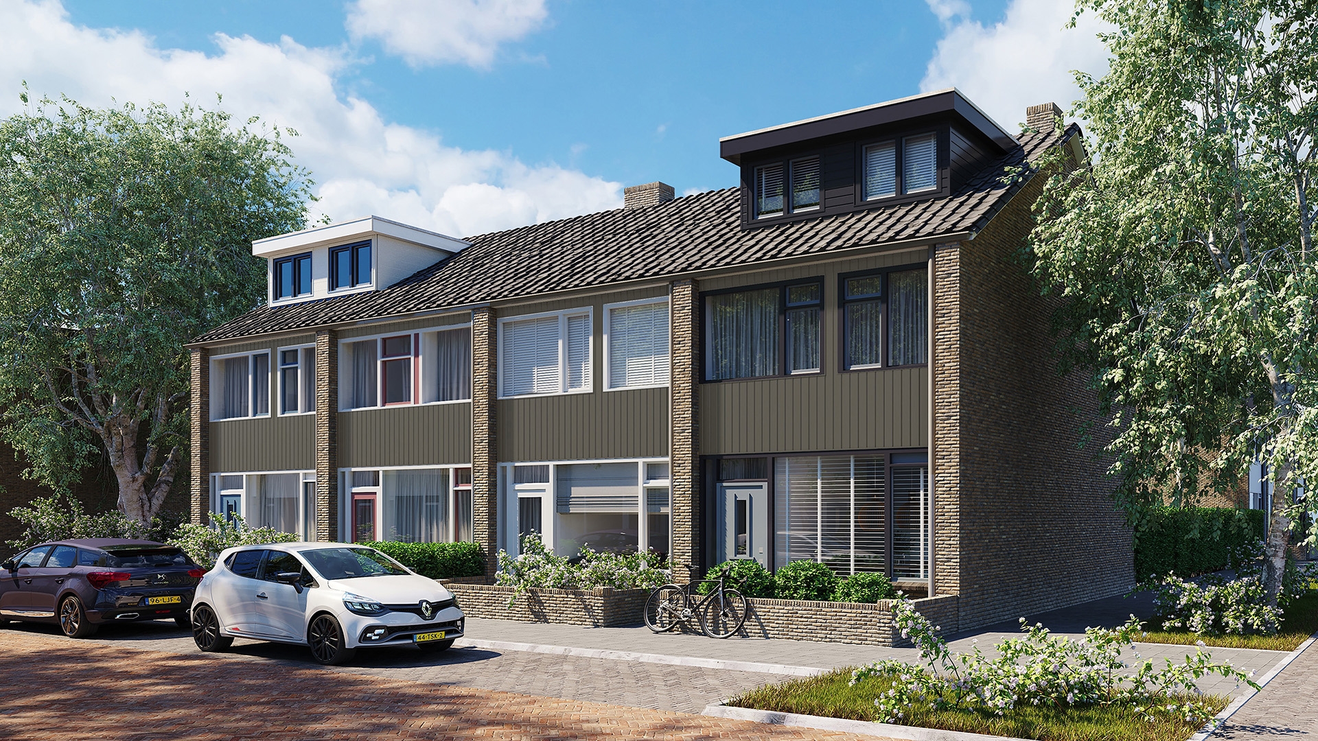 Rijtjeshuizen in de kleur kwartsgrijs sponningdeel143 verticaal gemonteerd