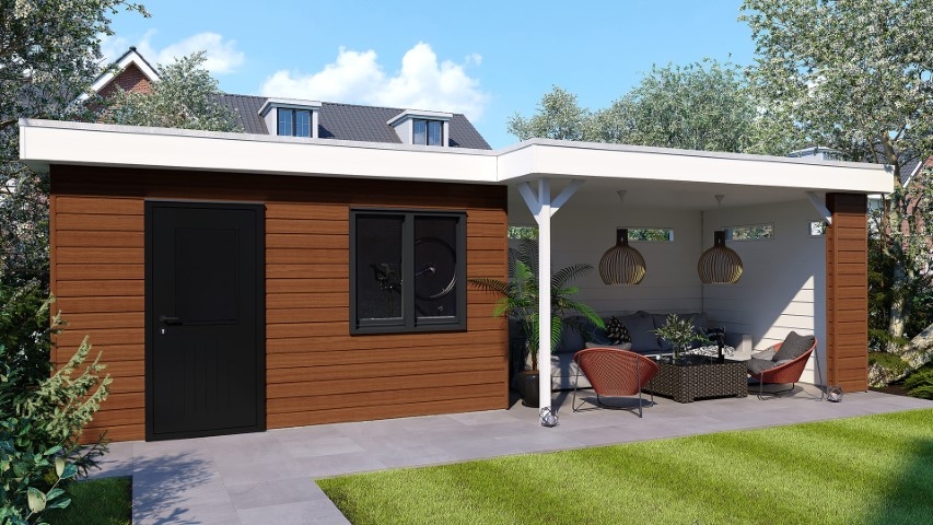 Een overkapping in de kleur californian redwood sponningdeel 143 horizontaal gemonteerd