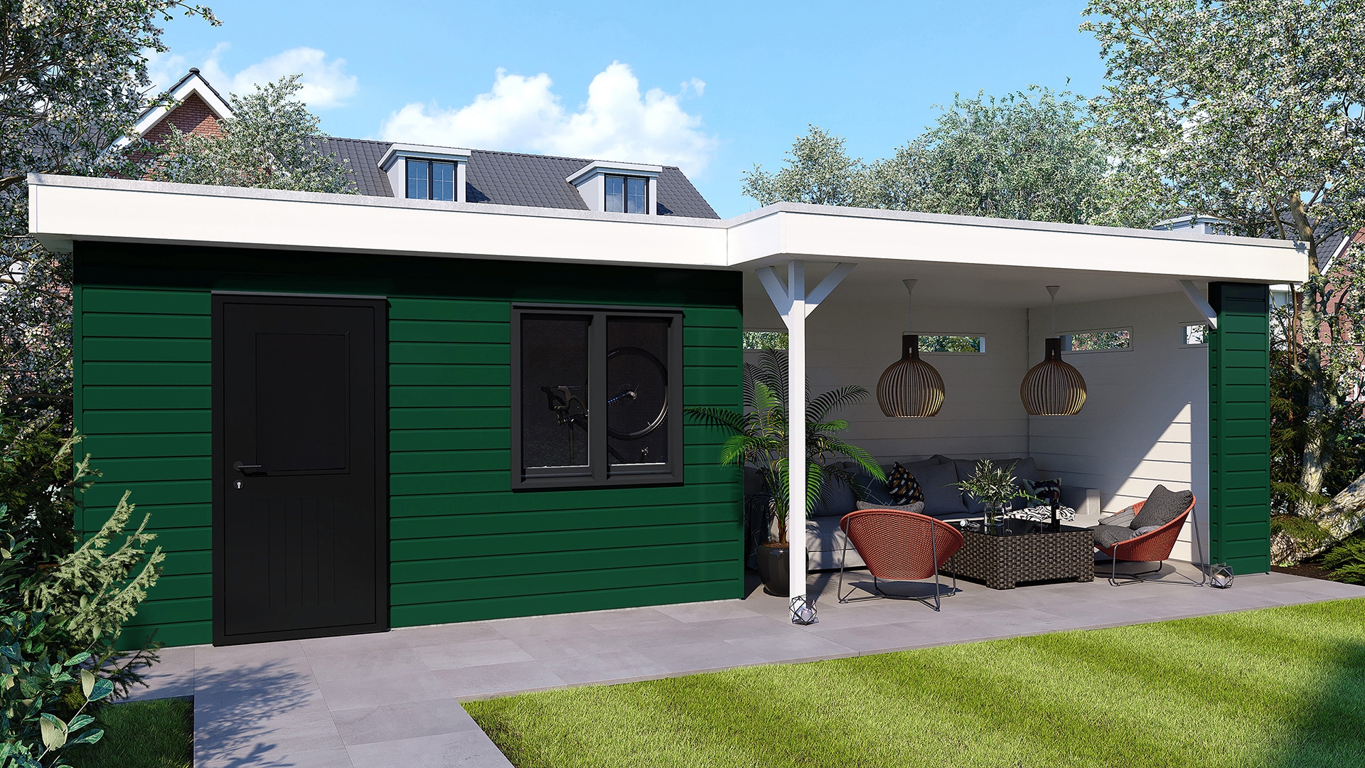 Een overkapping in de kleur mosgroen sponningdeel143 horizontaal gemonteerd