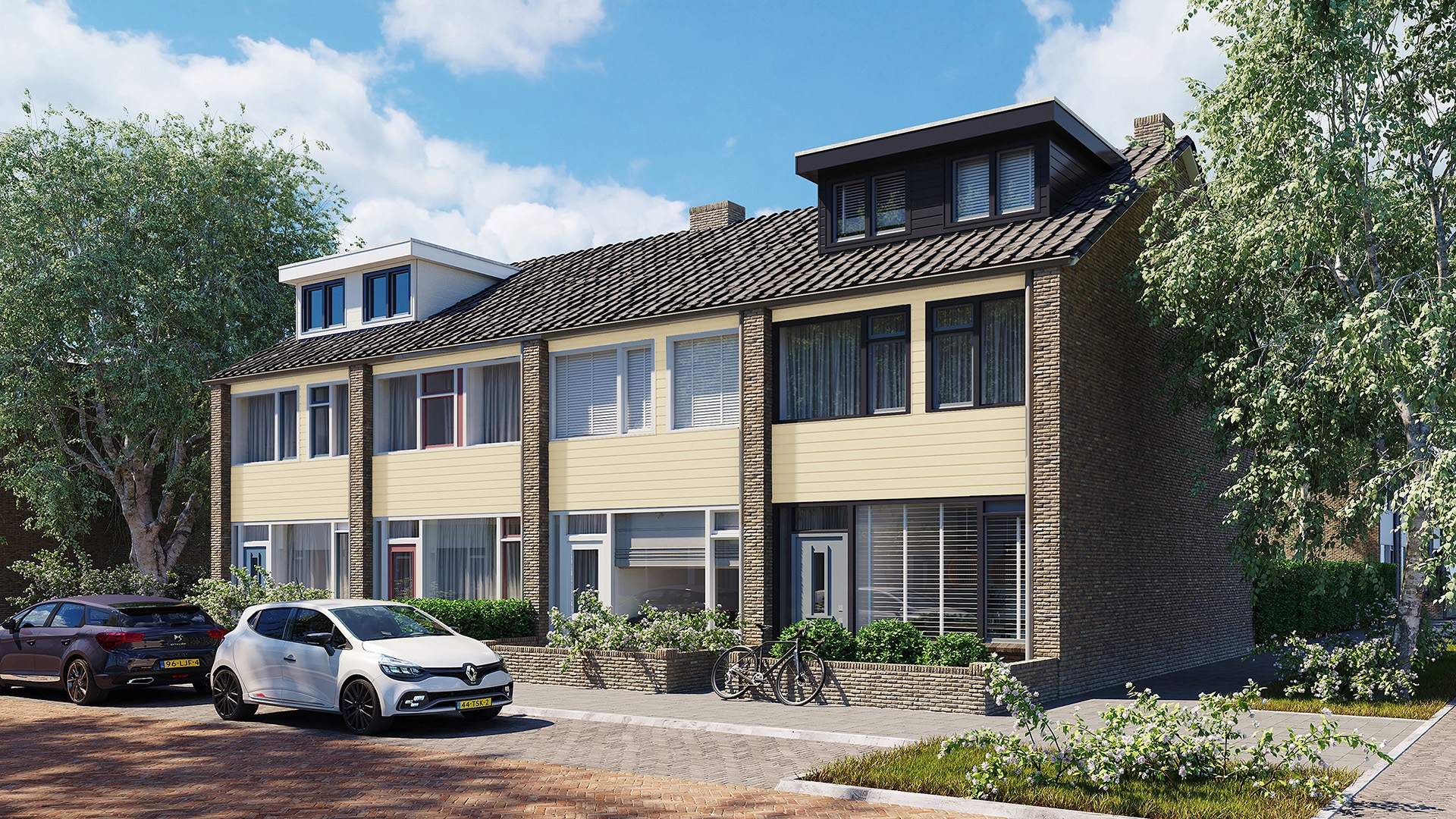 Rijtjeshuizen in de kleur licht ivoor sponningdeel 143 horizontaal gemonteerd