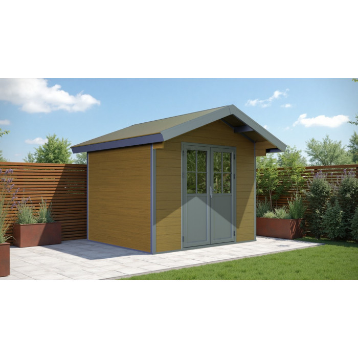 Kunststof tuinhuis bruin met zadeldak frame