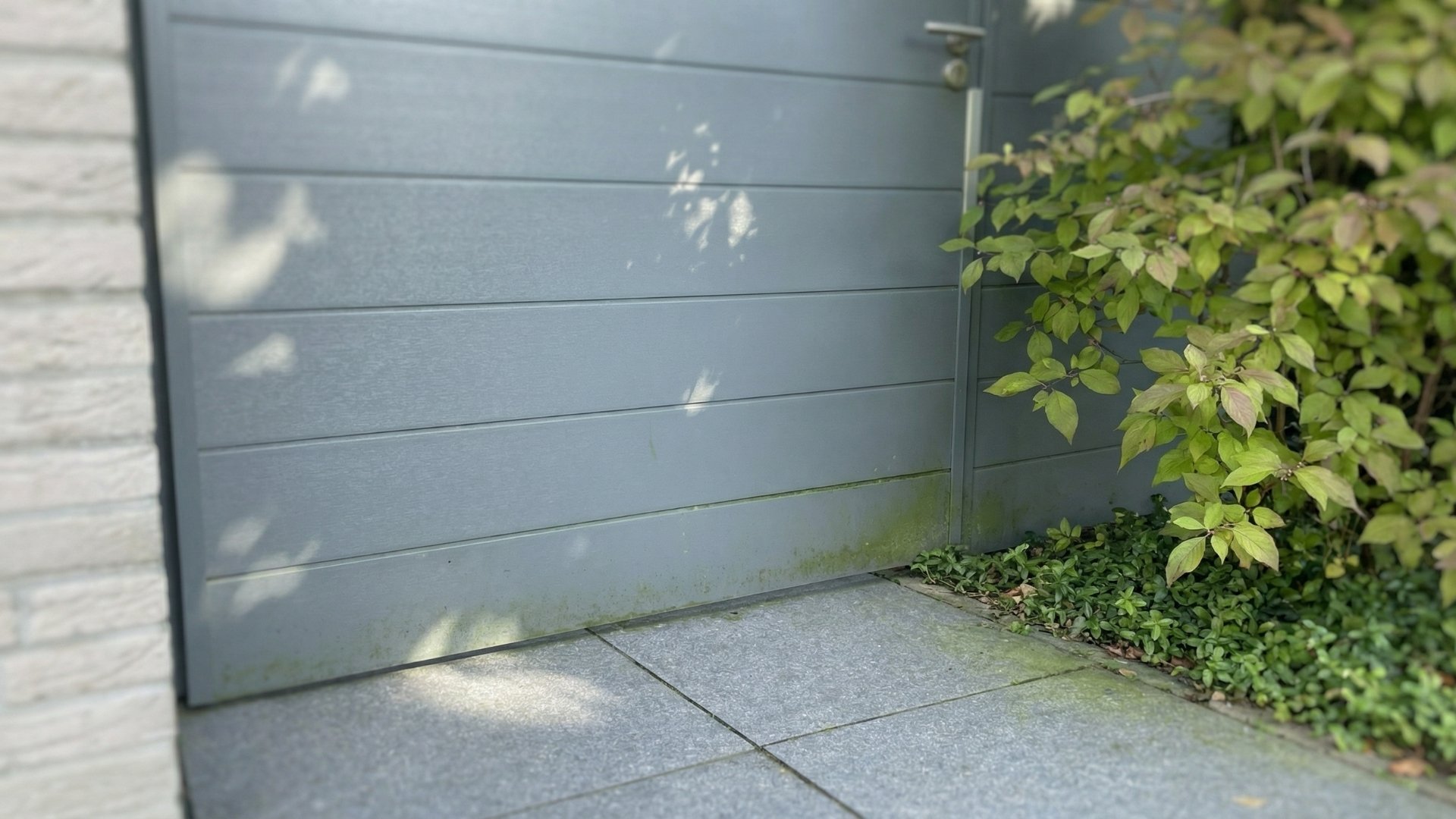 Groene aanslag op Keralit sponningdeel 190 basaltgrijs bij schutting en poort