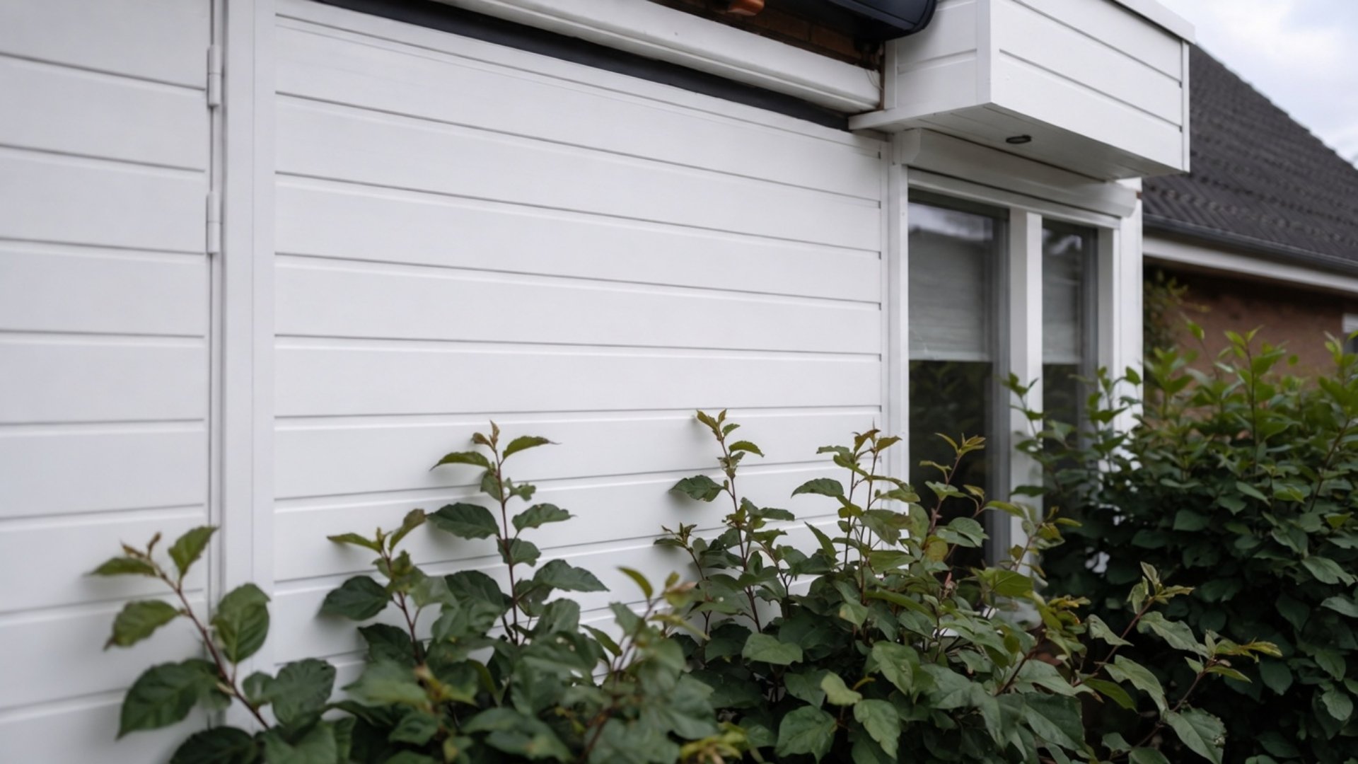 Witte Profex Velling kunststof gevelbekleding met horizontale panelen en groene beplanting voor een woning.