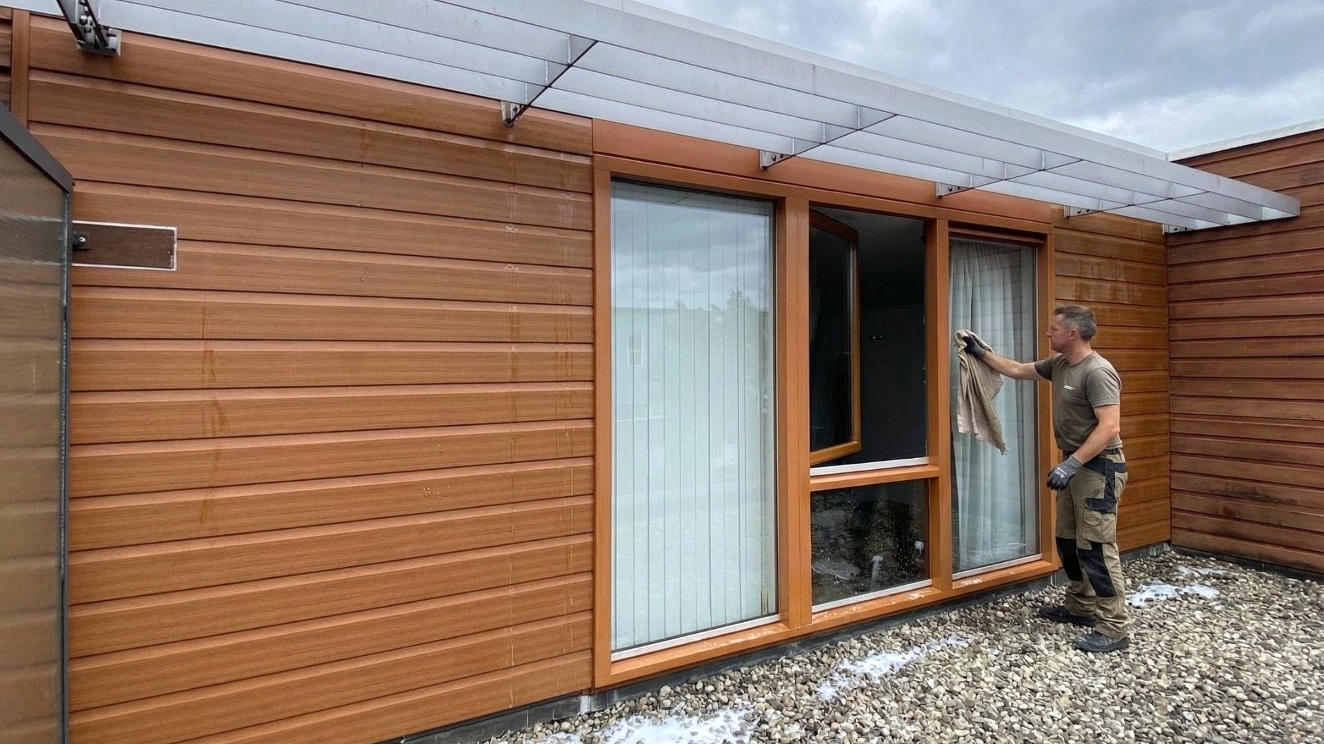 VinyPlus gevelbekleding reinigen met doek bij onderhoud woning