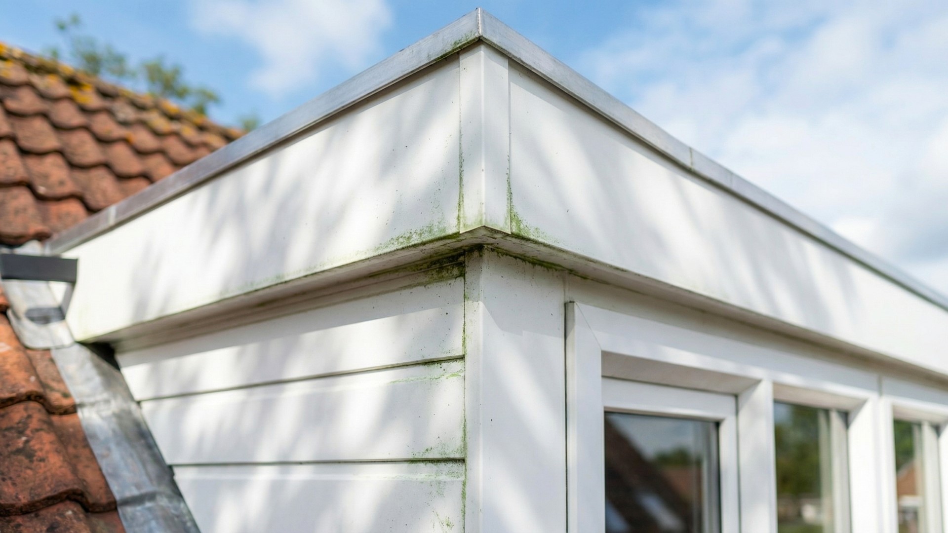 VinyPlus rondkant wit op dakkapel met groene aanslag in detail