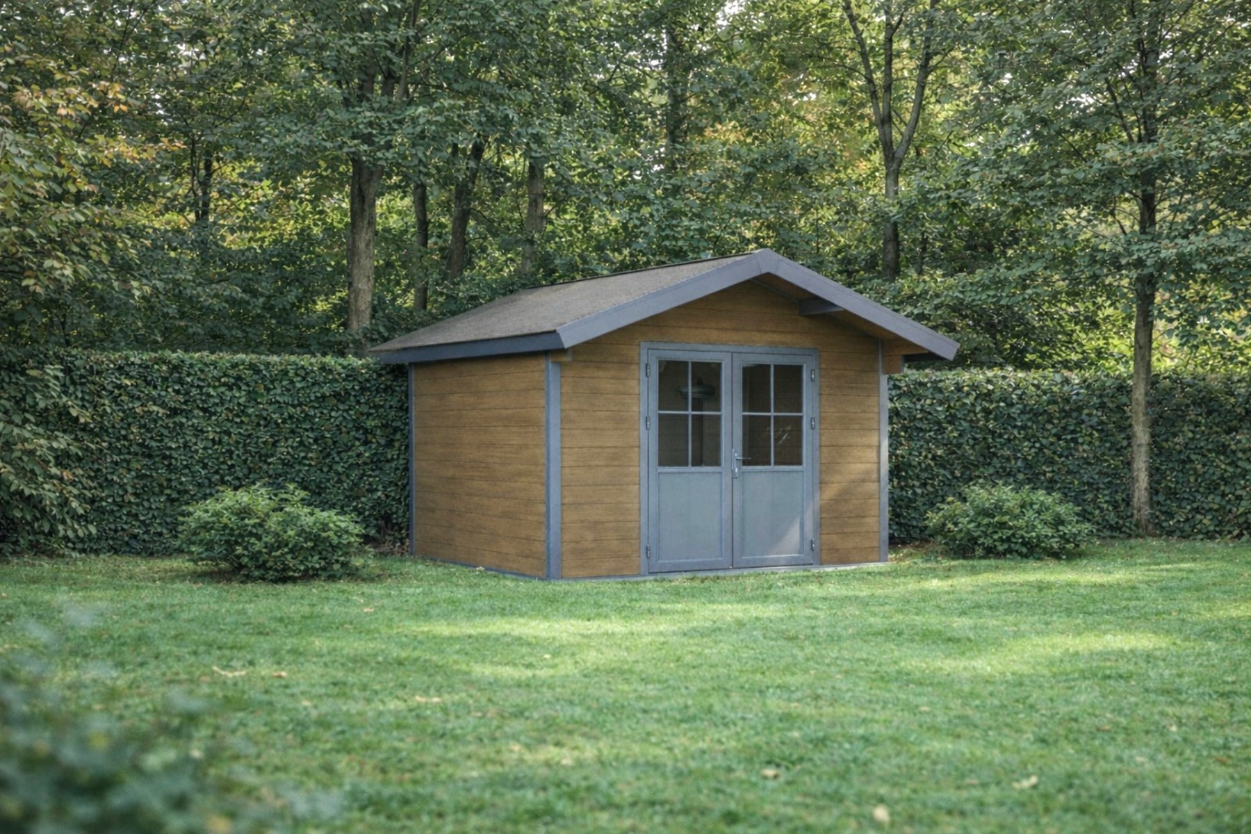 Bruin kunststof blokhut in tuin