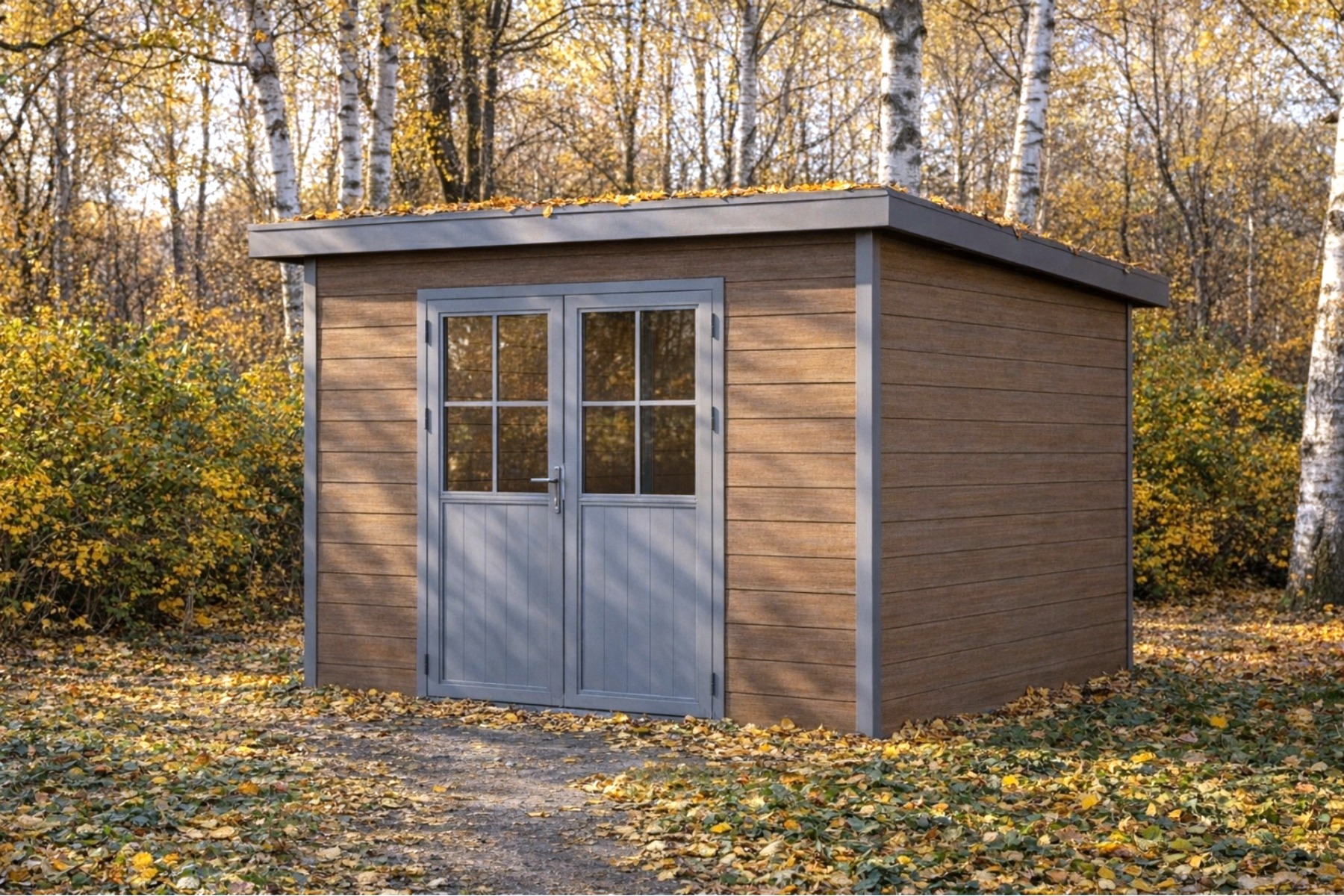 Bruin kunststof tuinhuisje in het bos