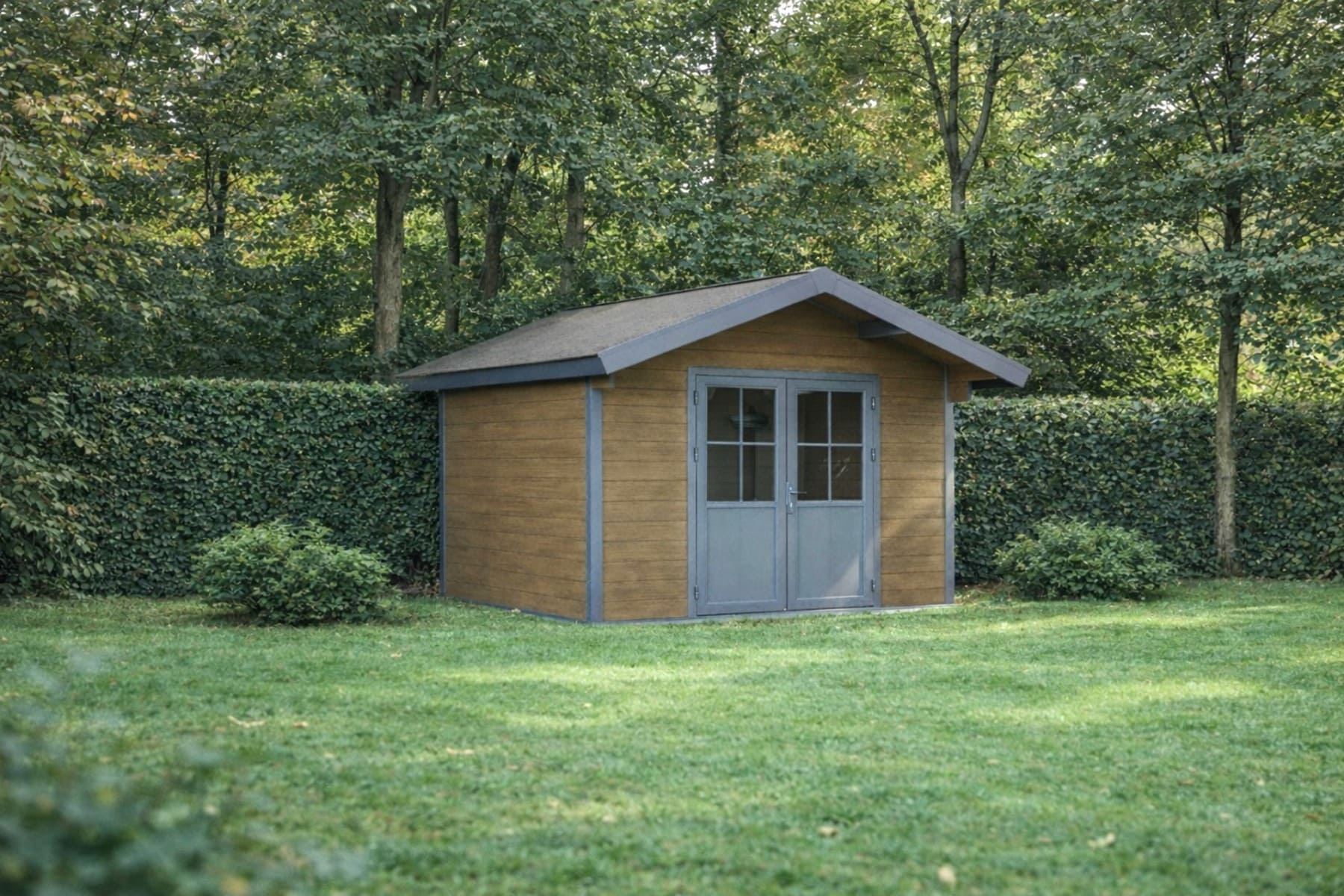 Bruin kunststof blokhut in tuin Bruin kunststof blokhut in tuin
