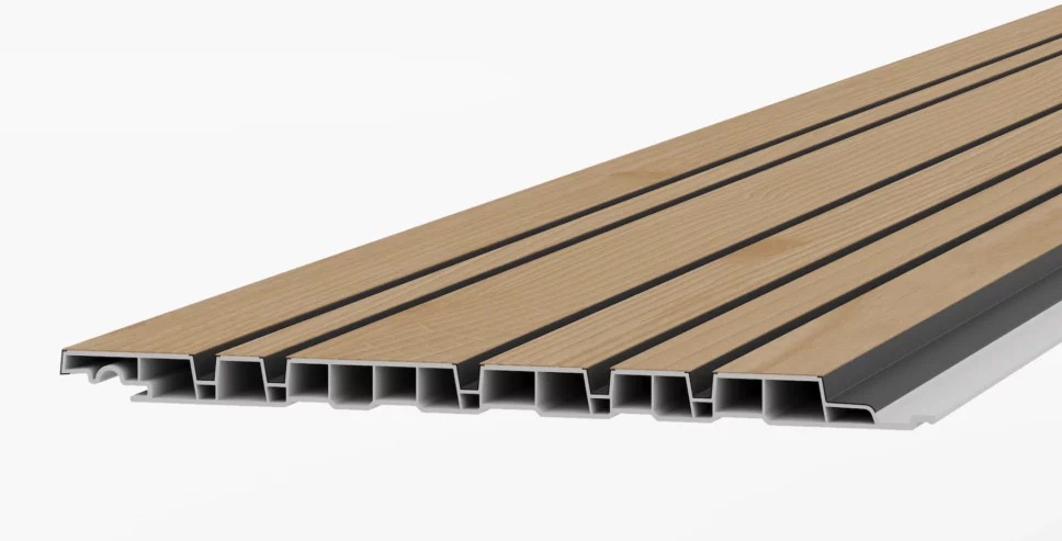 VinyPlus Vario detailfoto van de lattenstructuur. VinyPlus Vario detailfoto van de lattenstructuur.